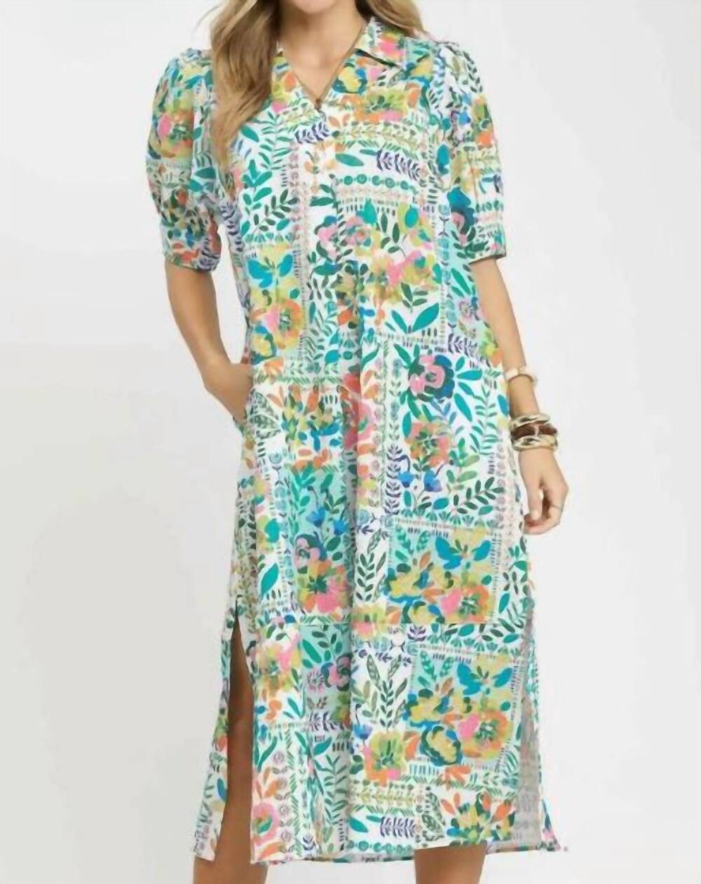NEW UMGEE folk print dress in green mix